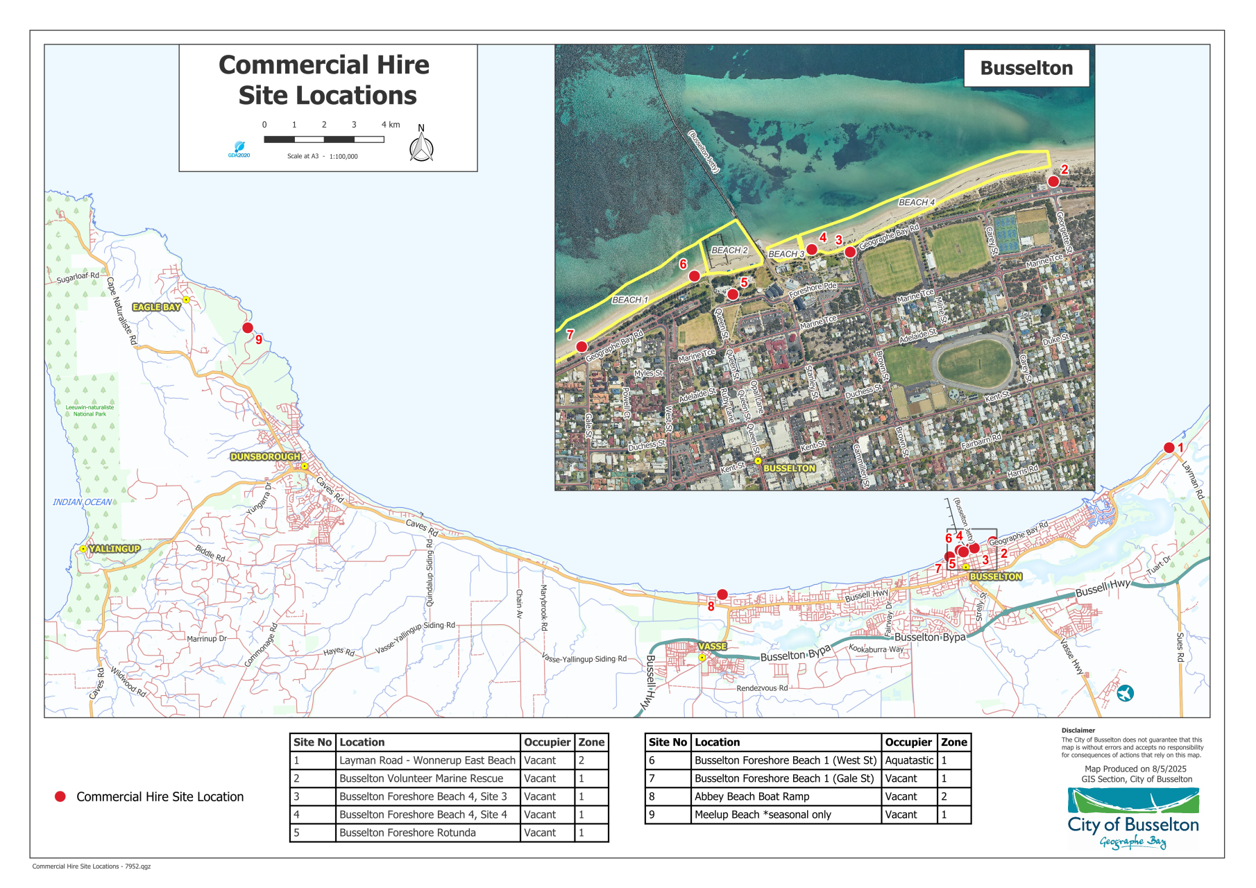 Map of the City of Busselton showing permit sites