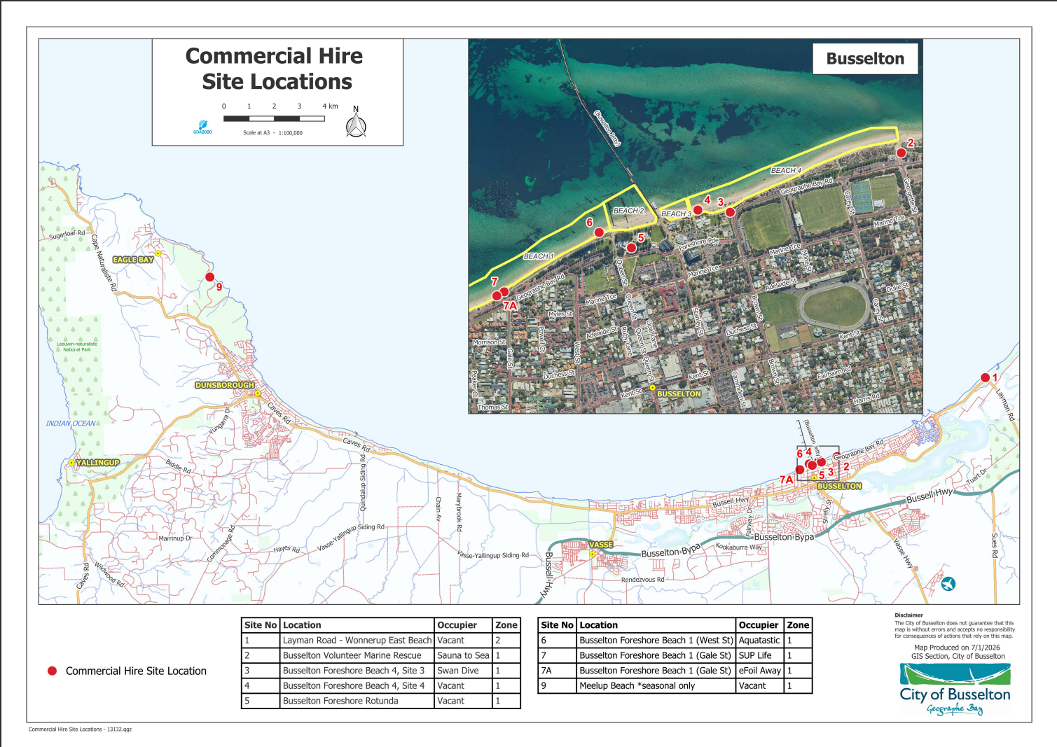 Map of the City of Busselton showing permit sites