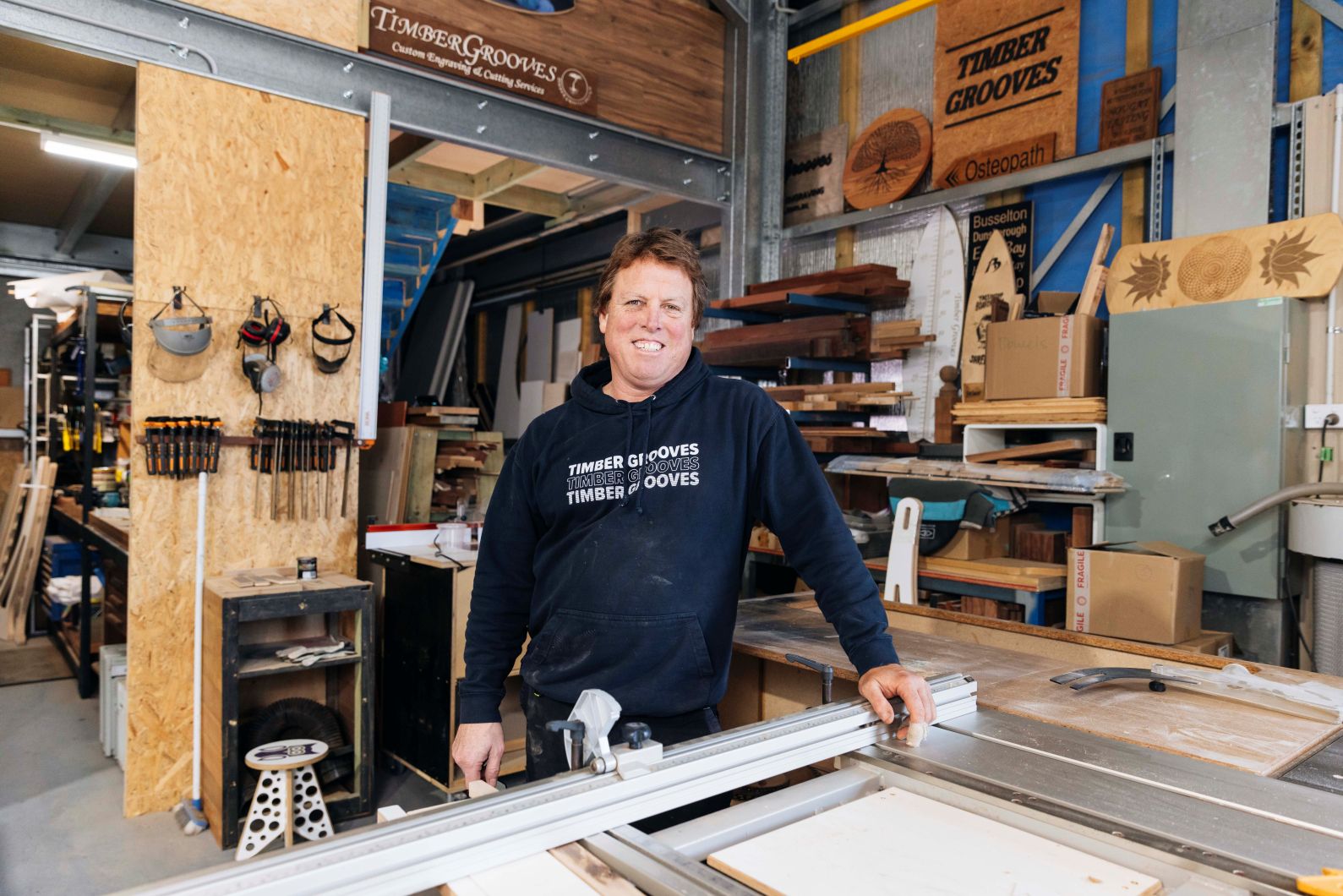 Ewan Cameron from Vasse, Timber Grooves, smiling in his workshop
