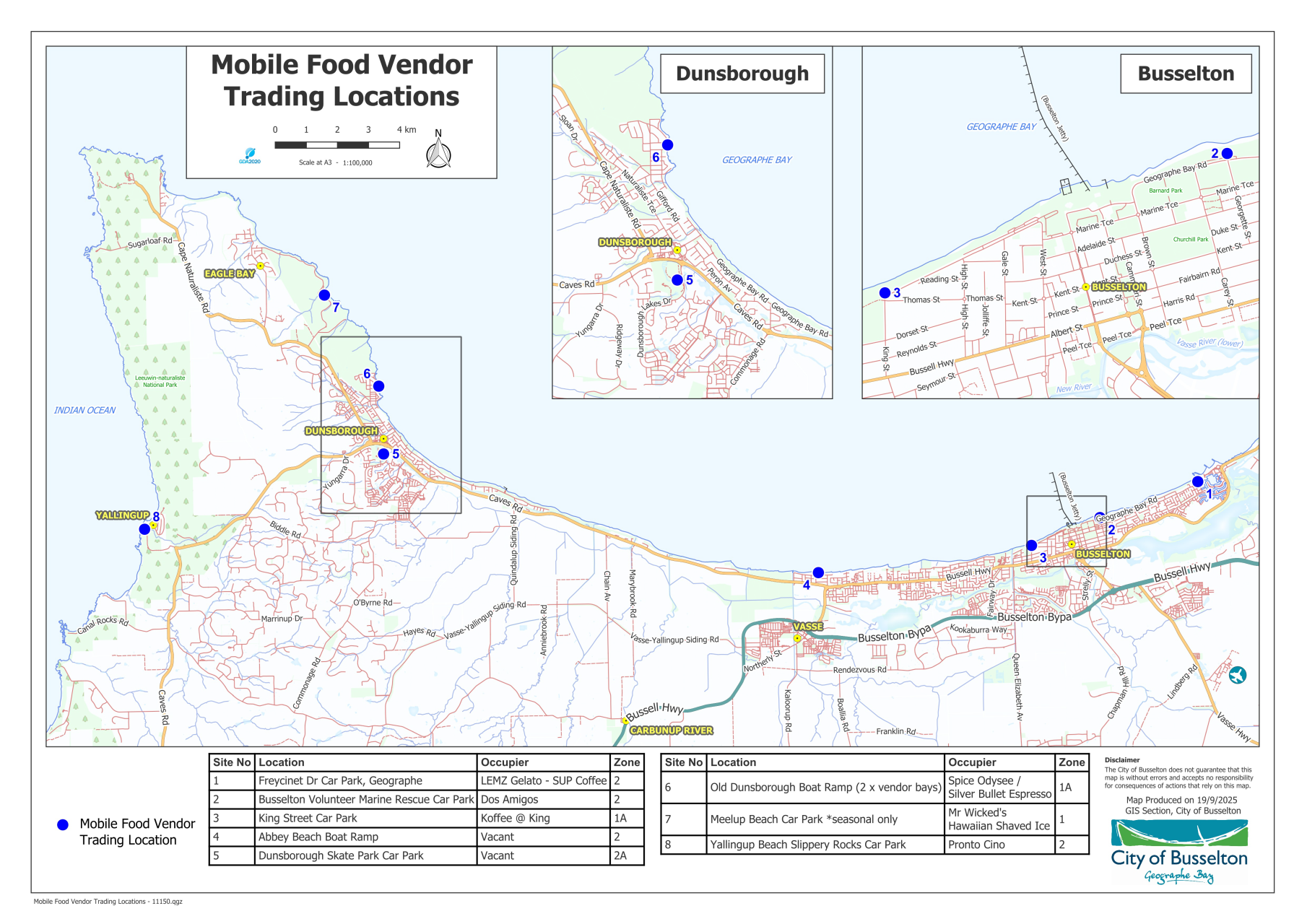 Map of the City of Busselton showing mobile trading locations 