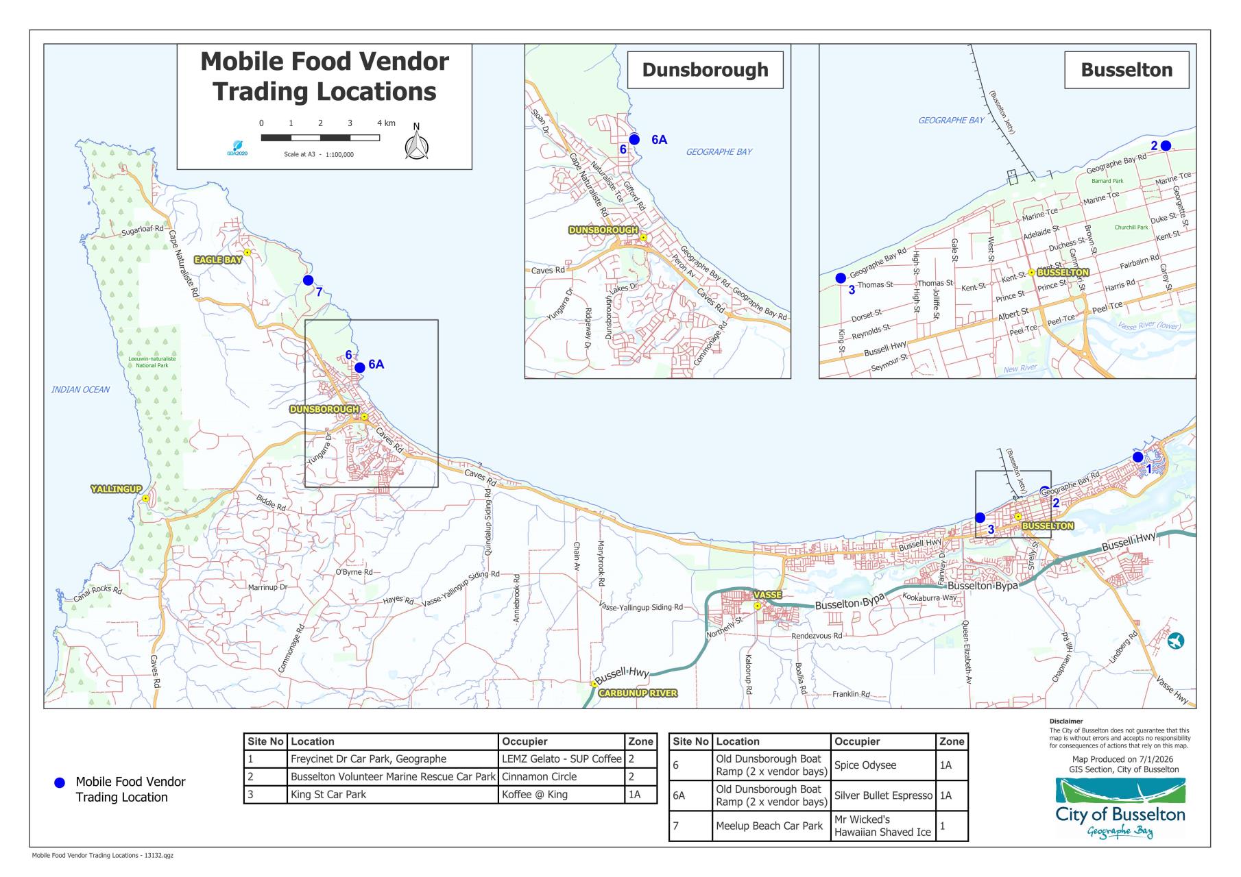 Map of the City of Busselton showing mobile trading locations 