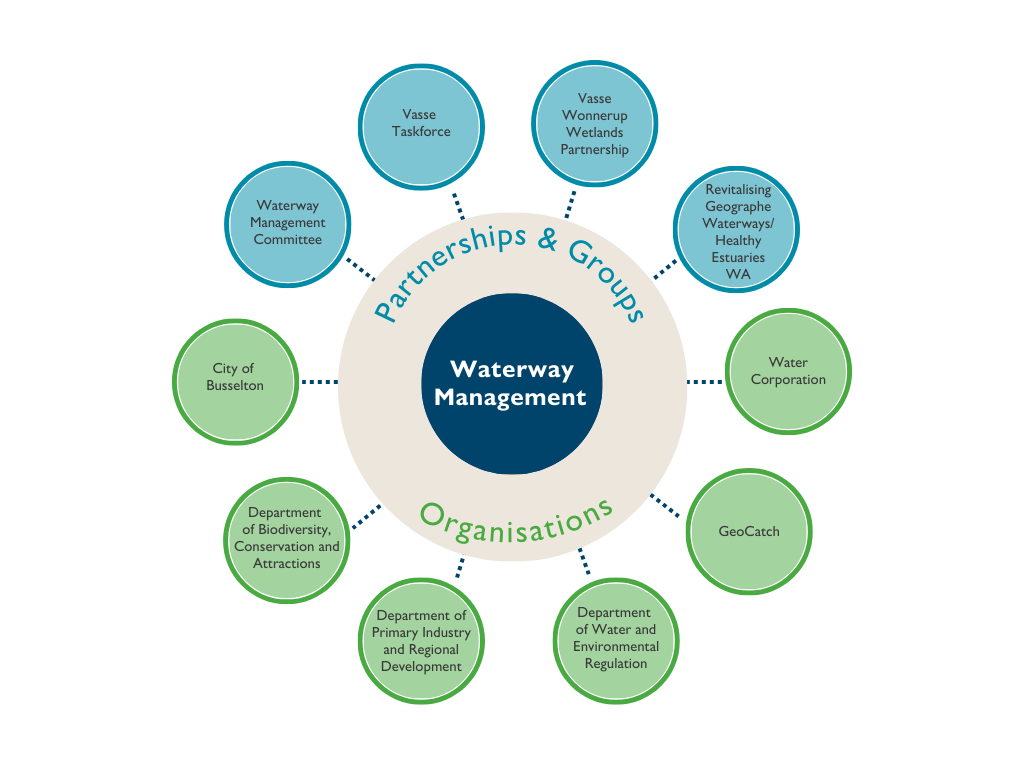 Diagram showing Waterway Management at the centre, connected to key partner groups and organisations involved in waterway collaboration in the Busselton region